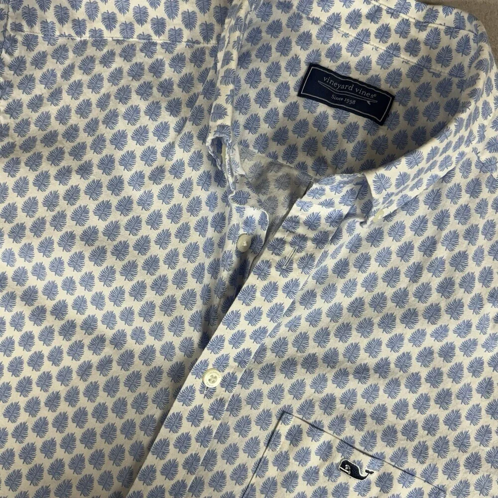Vineyard Vines Stretch Poplin Button Down Shirt Blue White Leaf Tile Pattern L